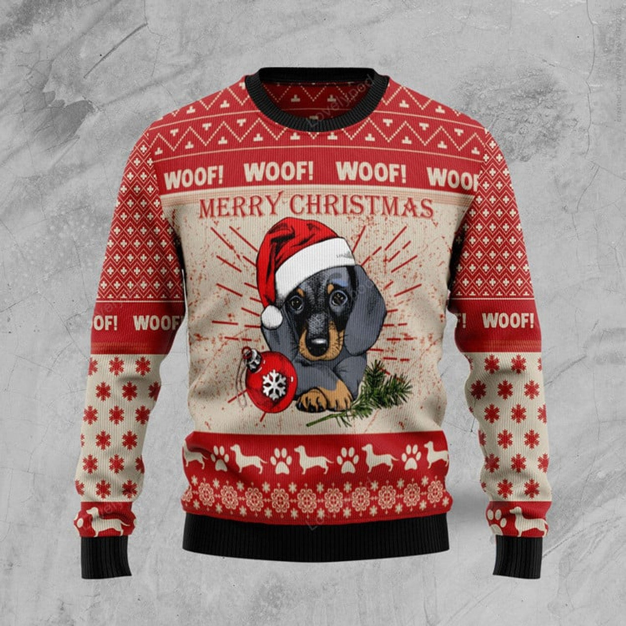FUNSTUFFPRINT Christmas Dachshund Dog Ugly Christmas Sweater, Christmas gift for Dachshund lover Ugly Sweater