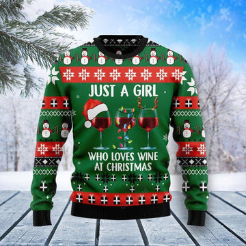 FUNSTUFFPRINT Just A Girl With Wine Christmas Sweater, Christmas gift for wine lover Ugly Sweater