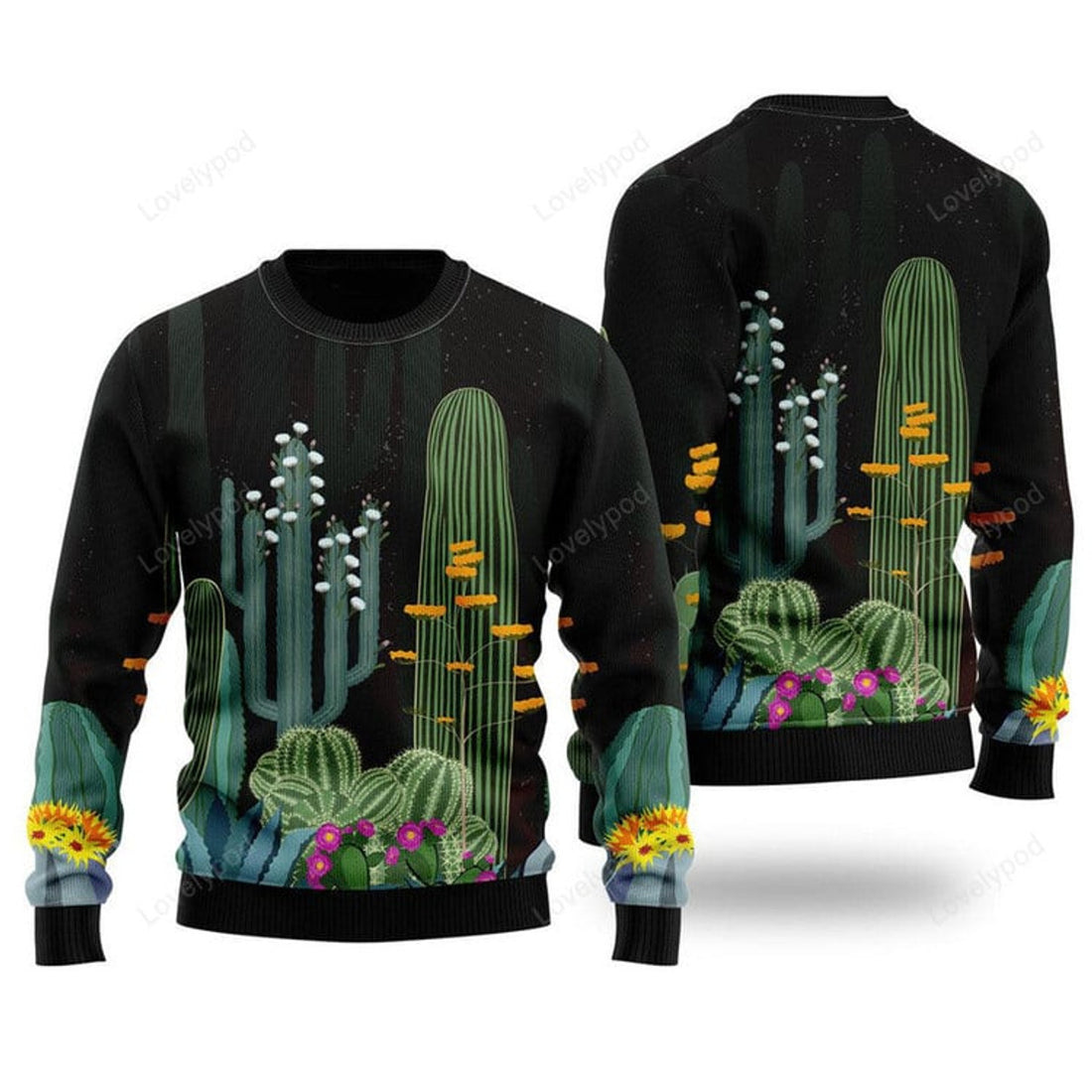 FUNSTUFFPRINT Cactus Garden At Night Green Ugly Christmas Sweater For Men & Women Ugly Sweater