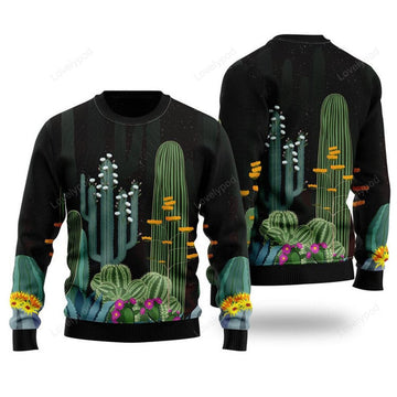 FUNSTUFFPRINT Cactus Garden At Night Green Ugly Christmas Sweater For Men & Women Ugly Sweater