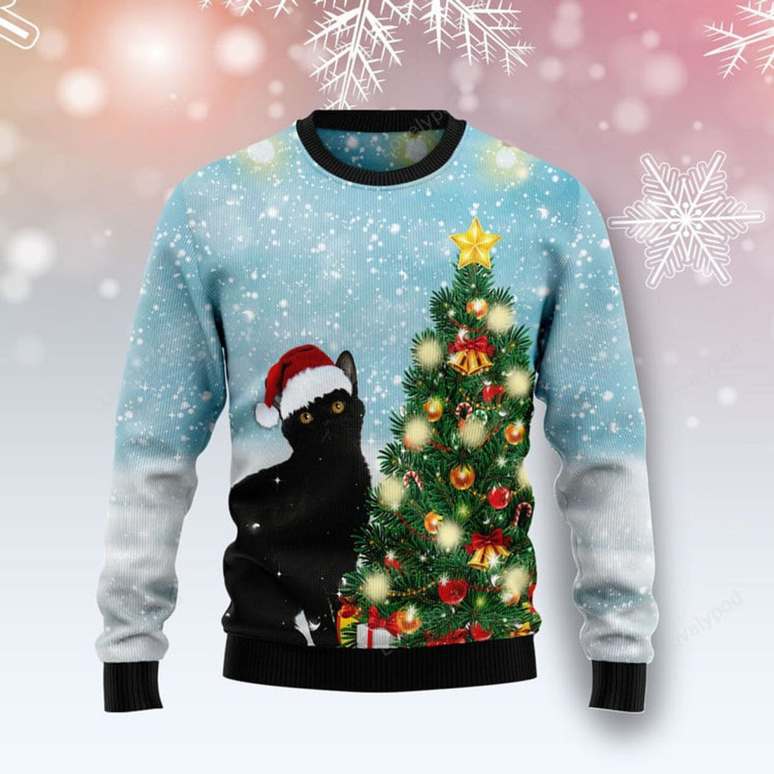 FUNSTUFFPRINT Black Cat Noel Tree Ugly Christmas Sweater For Men & Women Ugly Sweater