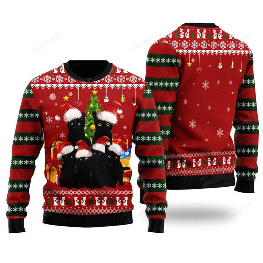 FUNSTUFFPRINT Black Cat Family Christmas Ugly Christmas Sweater, Christmas shirt, Gift for cat lover Ugly Sweater