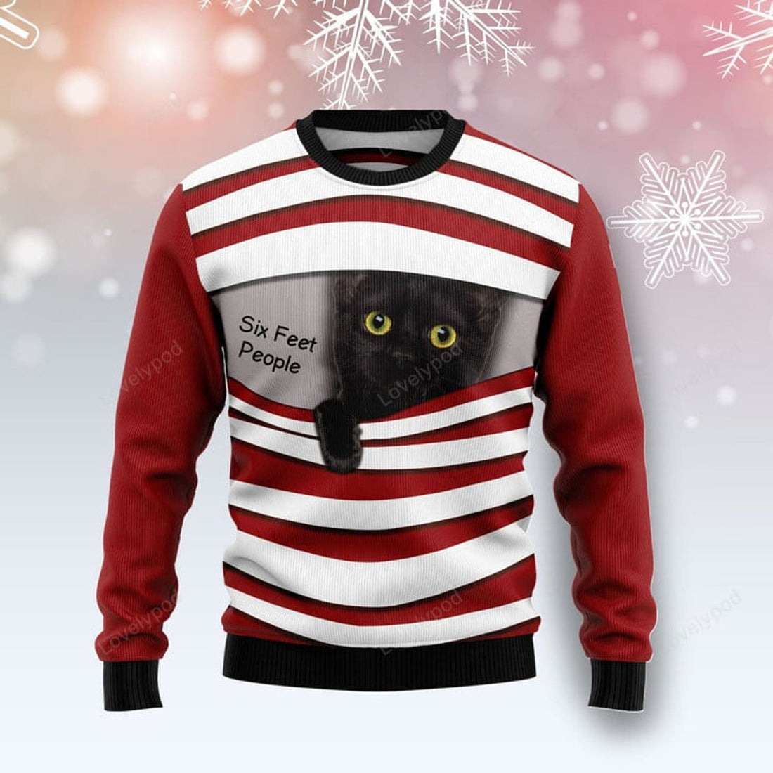 FUNSTUFFPRINT Black Cat Six Feet Ugly Christmas Sweater For Men & Women, Christmas shirt, Gift for cat lover Ugly Sweater