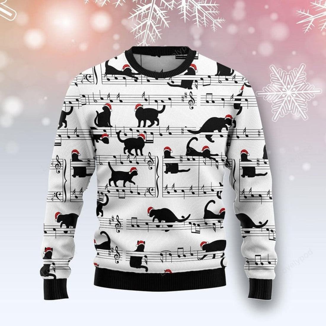 FUNSTUFFPRINT Black Cat Christmas Music Ugly Christmas Sweater For Men & Women, Christmas shirt, Gift for cat lover Ugly Sweater