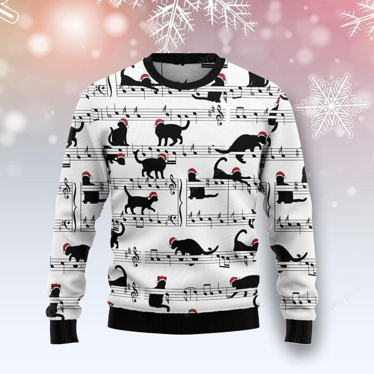 FUNSTUFFPRINT Black Cat Christmas Music Ugly Christmas Sweater For Men & Women, Christmas shirt, Gift for cat lover Ugly Sweater