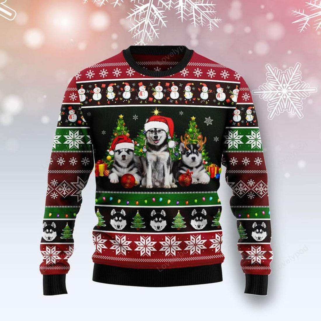 FUNSTUFFPRINT Siberian Husky Group Beauty Ugly Christmas Sweater For Men & Women, Christmas shirt, Gift for Dog lover Ugly Sweater