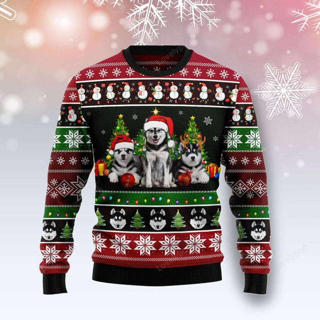 FUNSTUFFPRINT Siberian Husky Group Beauty Ugly Christmas Sweater For Men & Women, Christmas shirt, Gift for Dog lover Ugly Sweater