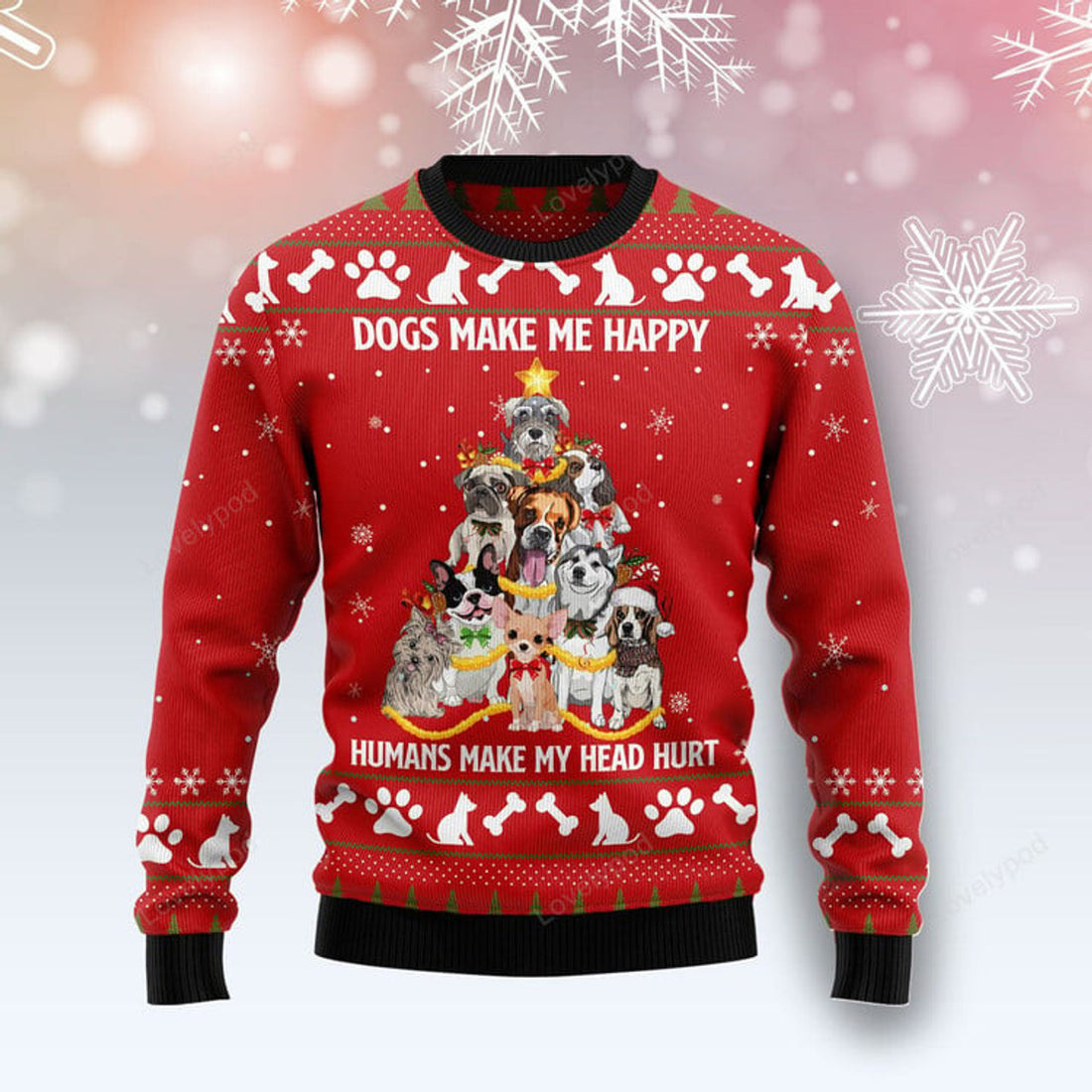 FUNSTUFFPRINT Dogs Make Me Happy Ugly Christmas Sweater, Dog Christmas sweater, Christmas gift for Dog lover Ugly Sweater