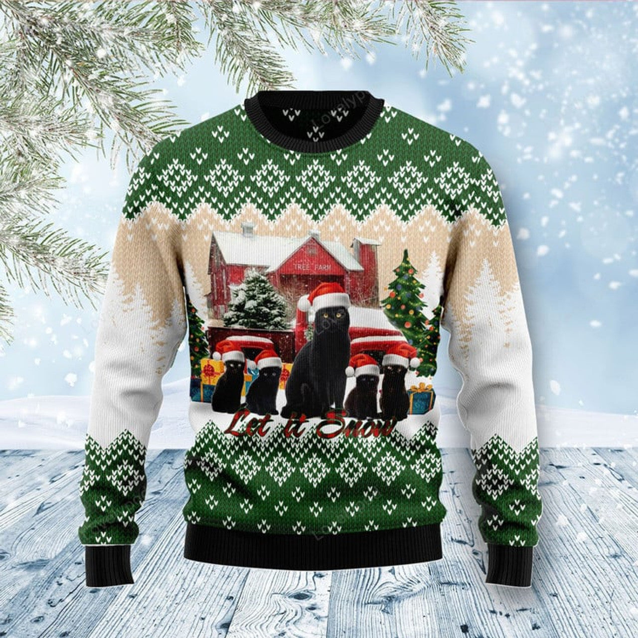 FUNSTUFFPRINT Black Cat Let It Snow Ugly Christmas Sweater For Men & Women Ugly Sweater