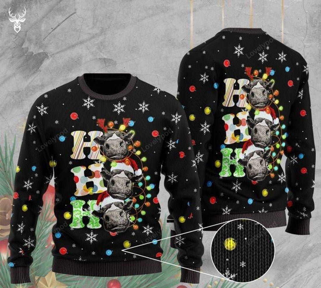FUNSTUFFPRINT Heifer Cow Ho Ho Ho Ugly Christmas Sweater For Men & Women Ugly Sweater