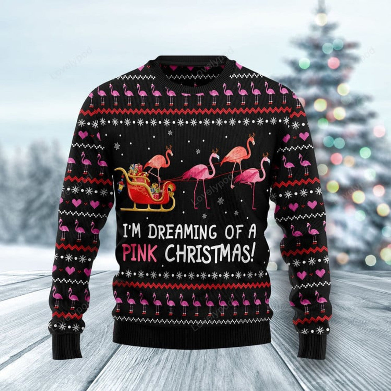 FUNSTUFFPRINT Flamingo I'm Dreaming Of A Pink Ugly Christmas Sweater For Men & Women Ugly Sweater