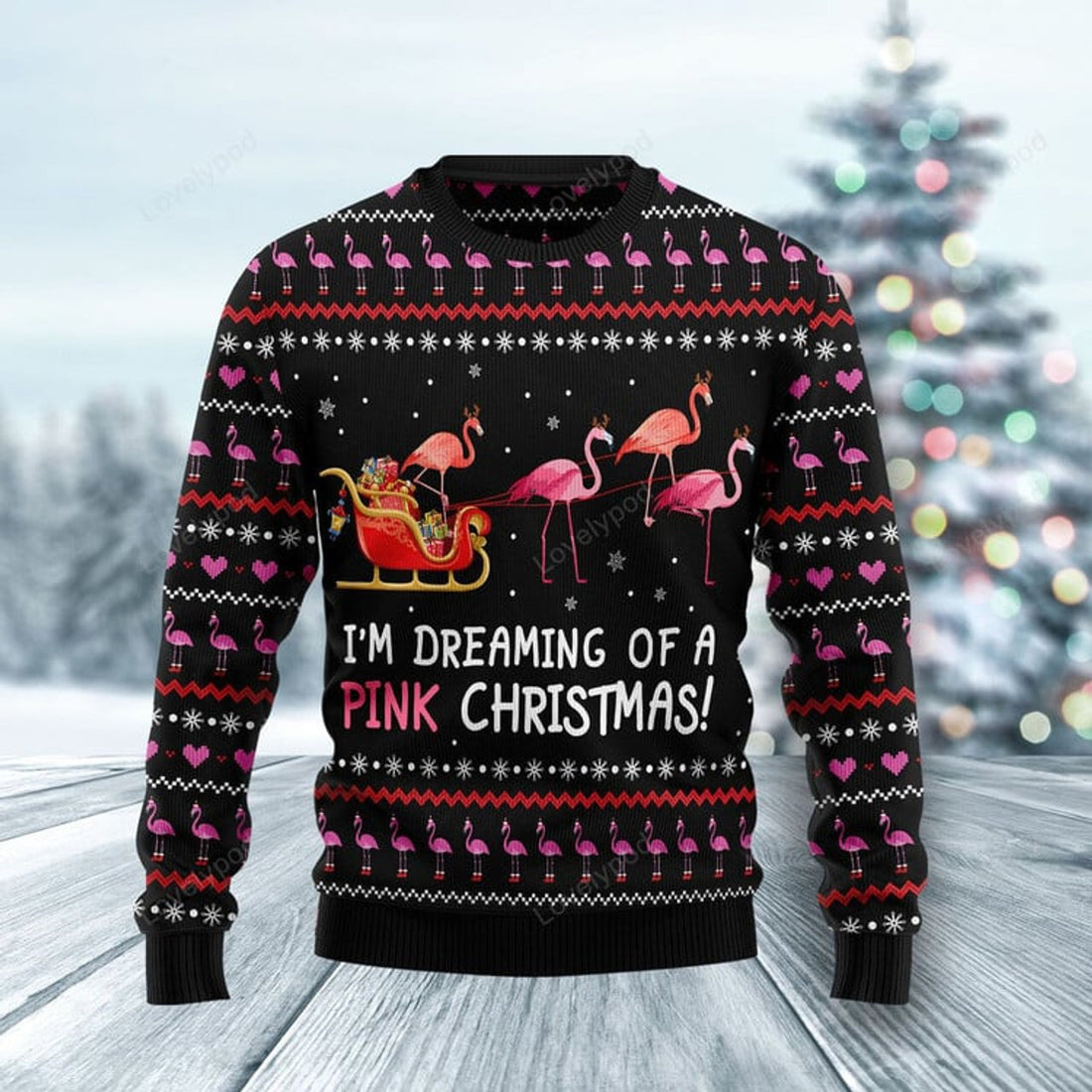 FUNSTUFFPRINT Flamingo I'm Dreaming Of A Pink Ugly Christmas Sweater For Men & Women Ugly Sweater