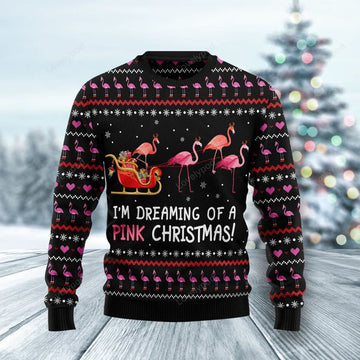 FUNSTUFFPRINT Flamingo I'm Dreaming Of A Pink Ugly Christmas Sweater For Men & Women Ugly Sweater