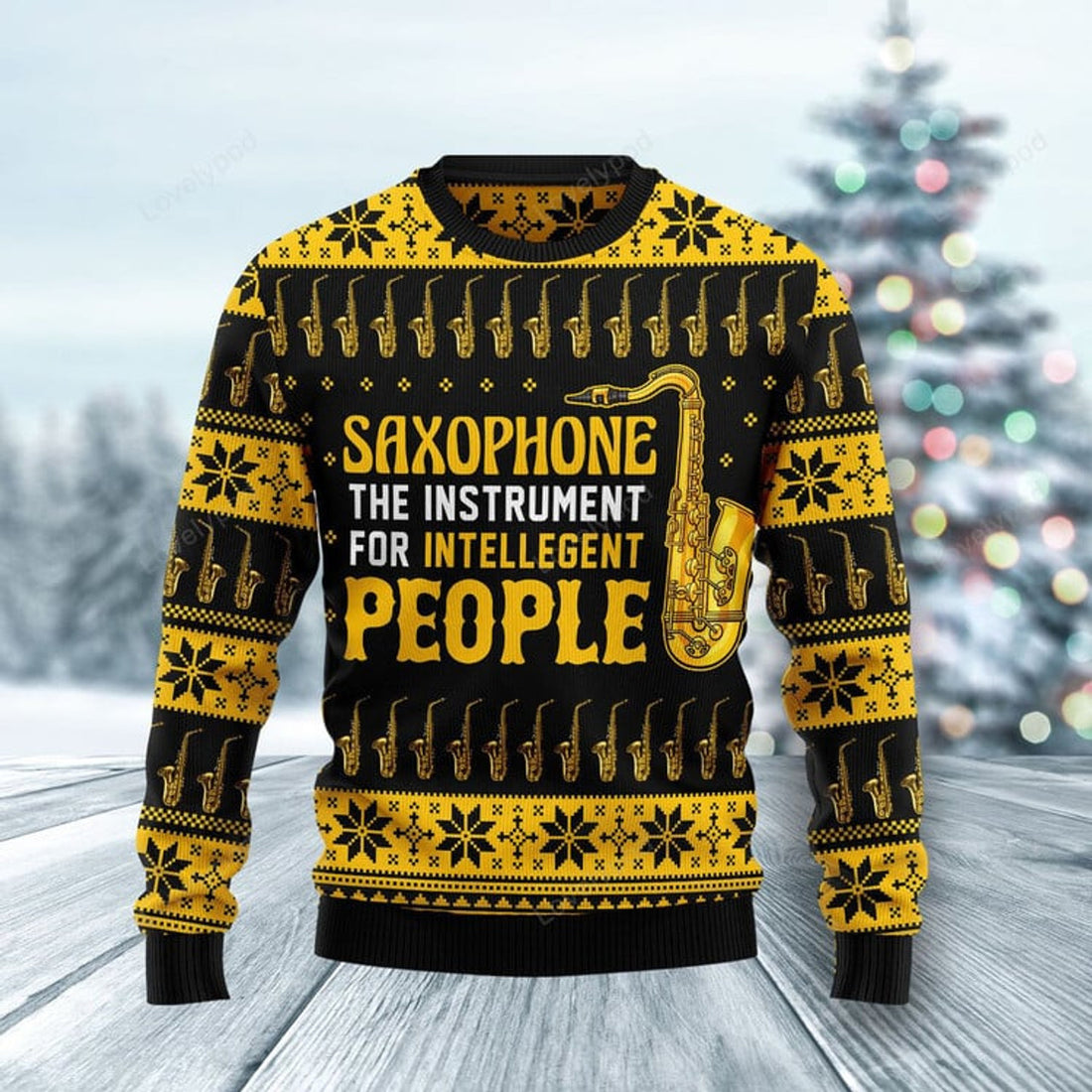 FUNSTUFFPRINT Saxophone The Instrument For Intellegent People Ugly Christmas Sweater Ugly Sweater