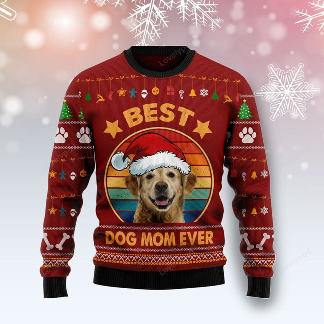 FUNSTUFFPRINT Golden Retriever Best Dog Mom Ever Ugly Christmas, Christmas Gift For Pet Lovers Ugly Sweater