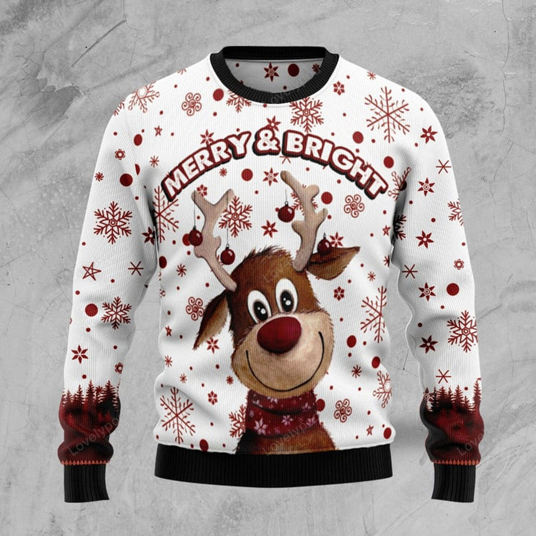 FUNSTUFFPRINT Reindeer Merry & Bright Ugly Christmas Sweater Ugly Sweater