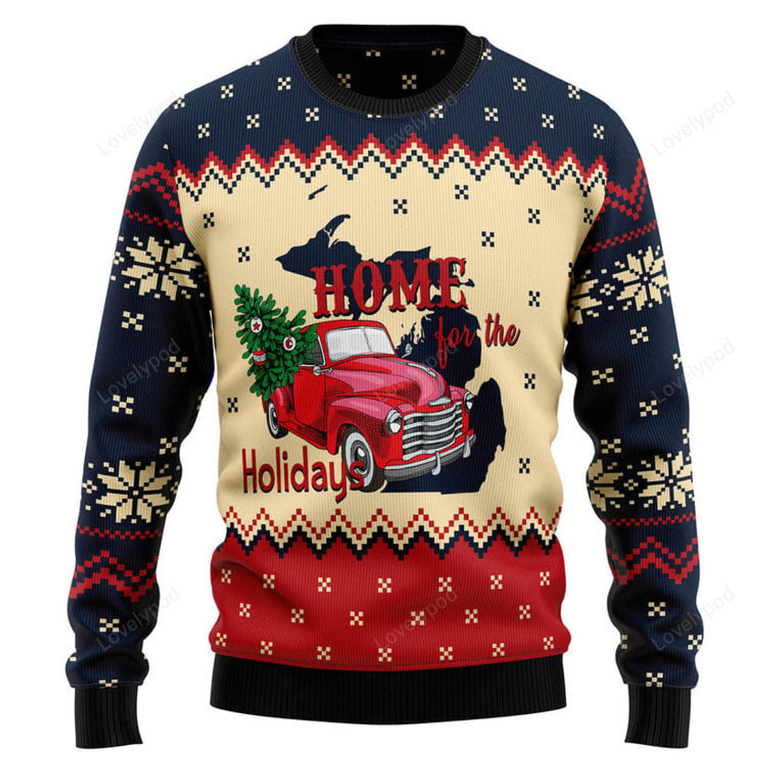 FUNSTUFFPRINT Home For The Holidays Michigan Ugly Christmas Sweater Ugly Sweater