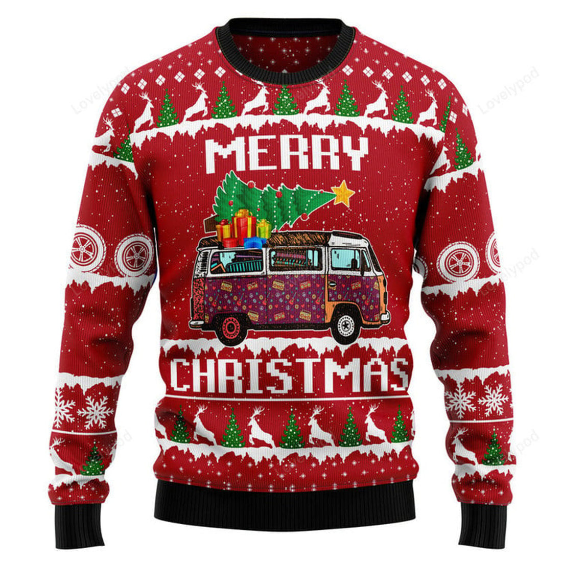 FUNSTUFFPRINT Hippie Car Merry Christmas Ugly Christmas Sweater, Christmas shirt Ugly Sweater