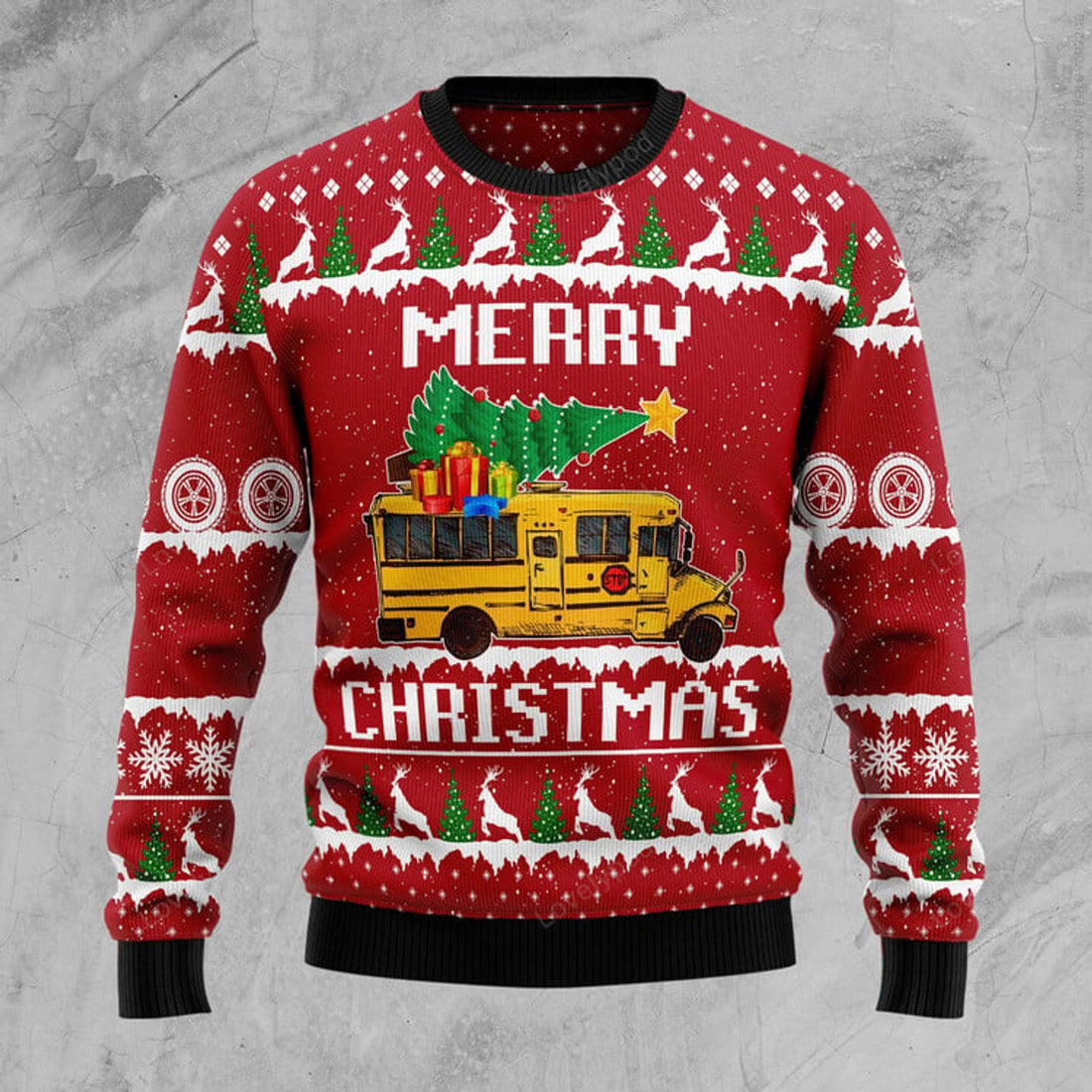 FUNSTUFFPRINT School Bus Merry Christmas Ugly Christmas Sweater for men and women, Christmas shirt Ugly Sweater