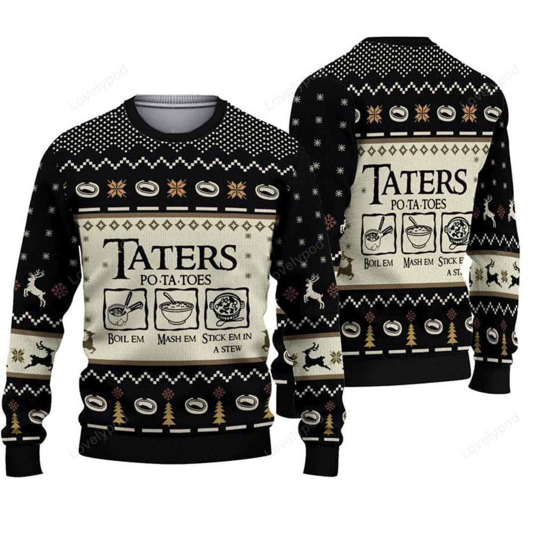 FUNSTUFFPRINT Taters Potatoes Boil Em Mash Em Stick Em In A Stew Ugly Knitted Christmas 3D Sweater Ugly Sweater