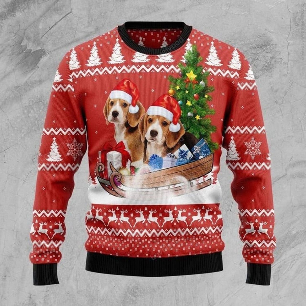 FUNSTUFFPRINT Beagle Dashing 3D Ugly Christmas Sweater Ugly Sweater