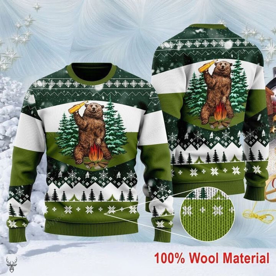 FUNSTUFFPRINT Bear Beer Campfire 3D Ugly Christmas SweaterUgly Sweater
