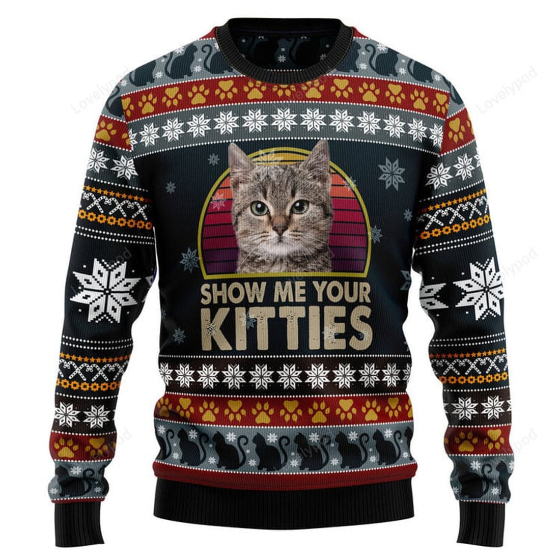 FUNSTUFFPRINT Cat Show Me Your Kitties Ugly Christmas Sweater Ugly Sweater