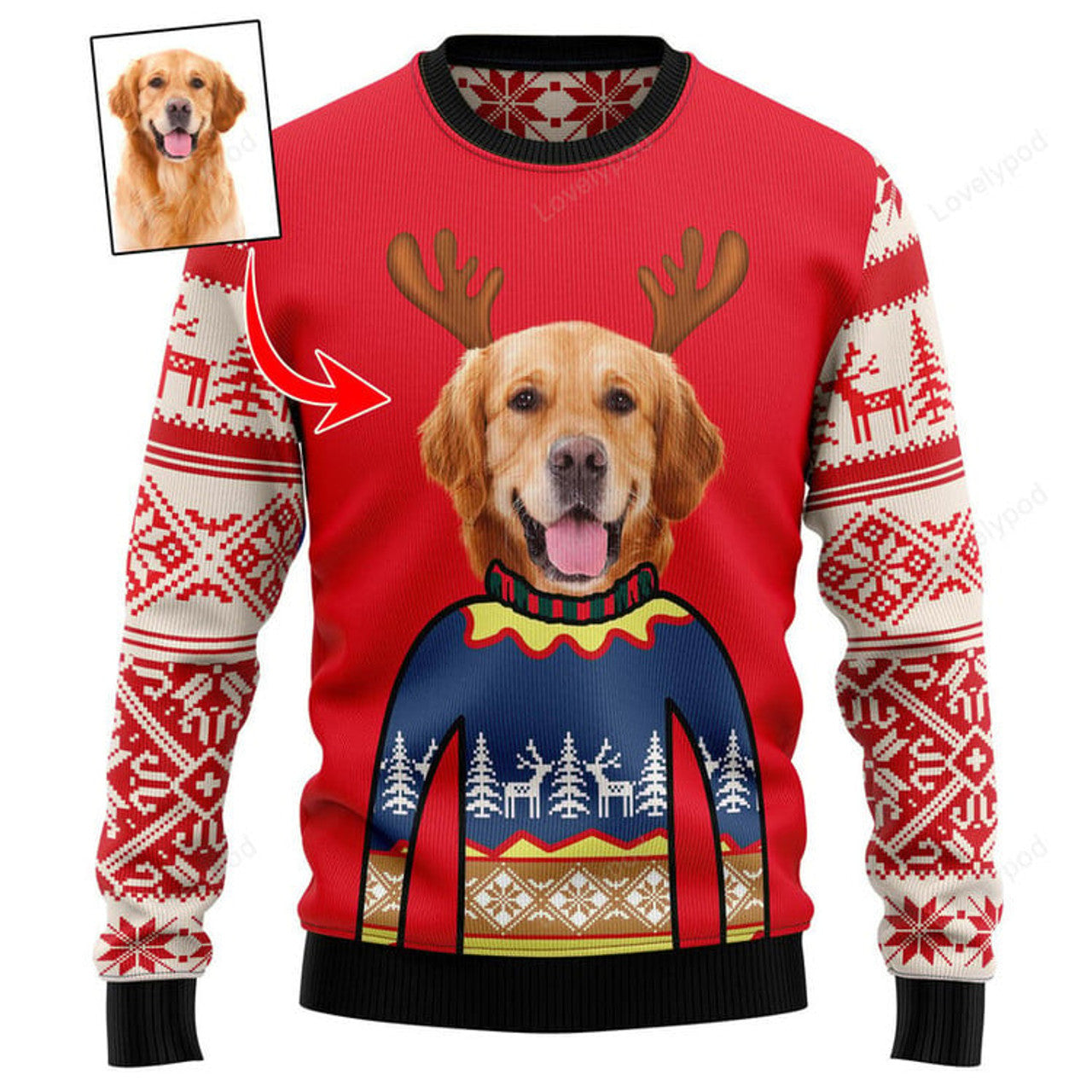 FUNSTUFFPRINT Photo Merry Christmas Golden Retriever Ugly Christmas Sweater Ugly Sweater