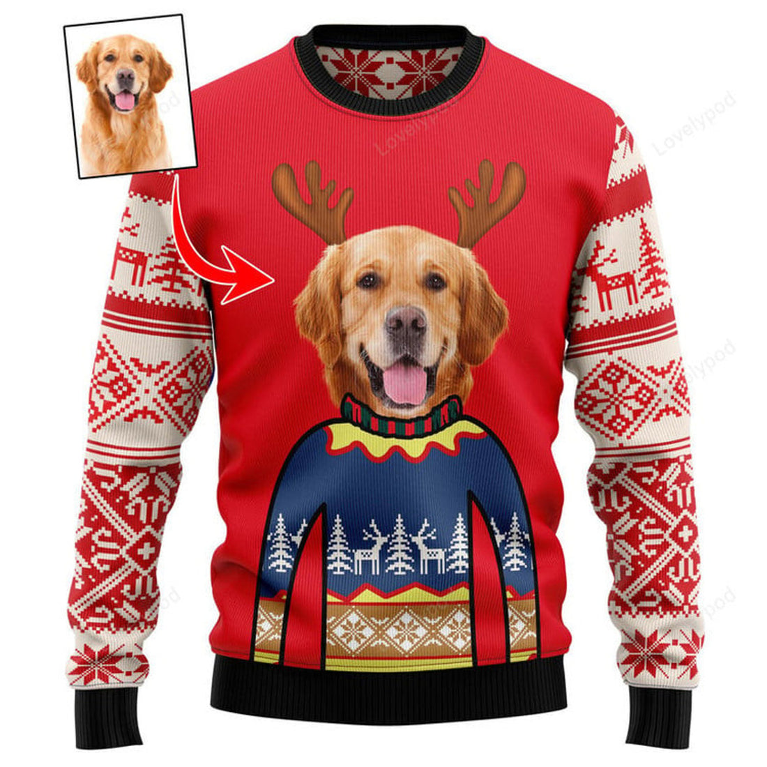 FUNSTUFFPRINT Photo Merry Christmas Golden Retriever Ugly Christmas Sweater Ugly Sweater