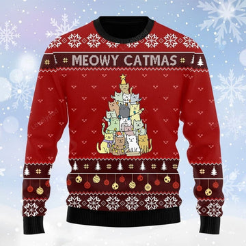 FUNSTUFFPRINT Cat Christmas Tree Ugly Sweater - Gift For Cat Lovers Ugly Sweater