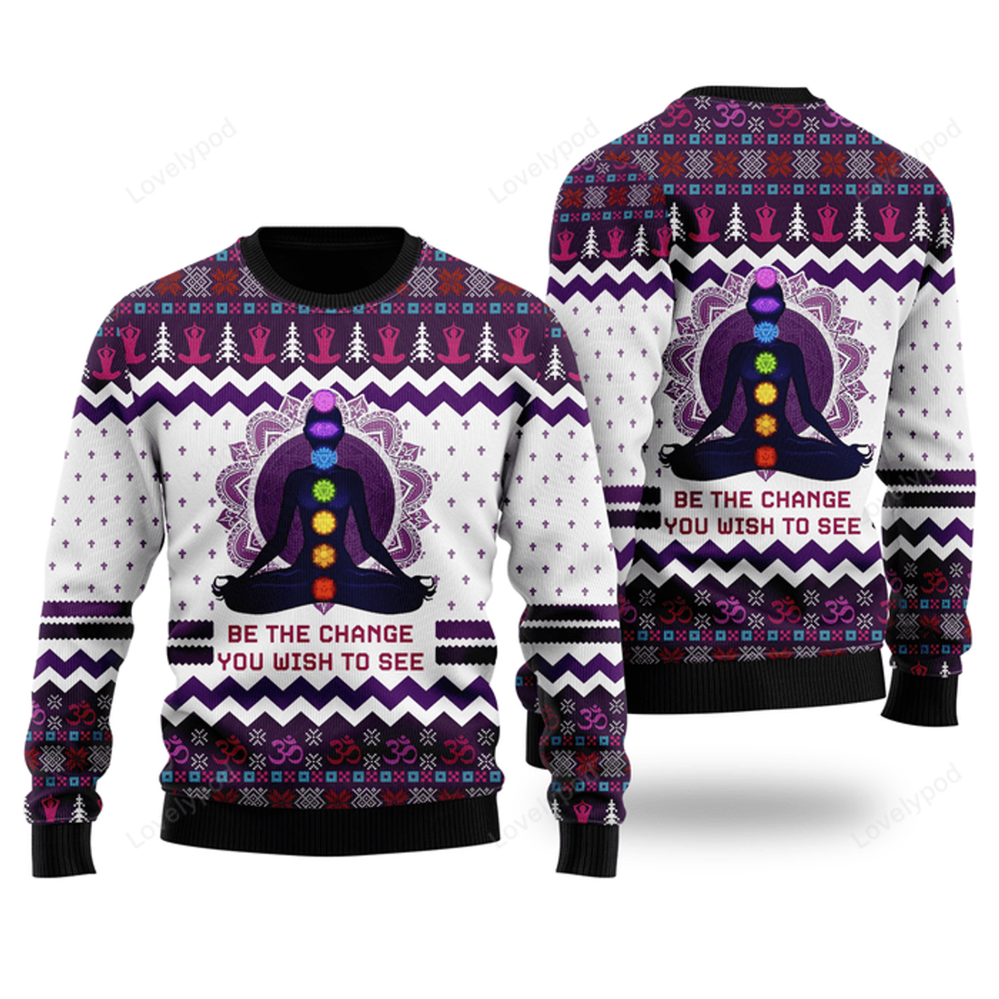 FUNSTUFFPRINT Yoga Be The Change Ugly Christmas Sweater For Men & Women Adult Ugly Sweater