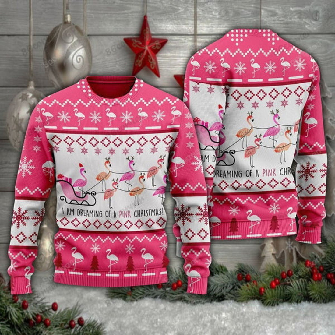 FUNSTUFFPRINT Pink Christmas Flamingo Santan Ugly Christmas Sweater For Men, women, Adult Ugly Sweater