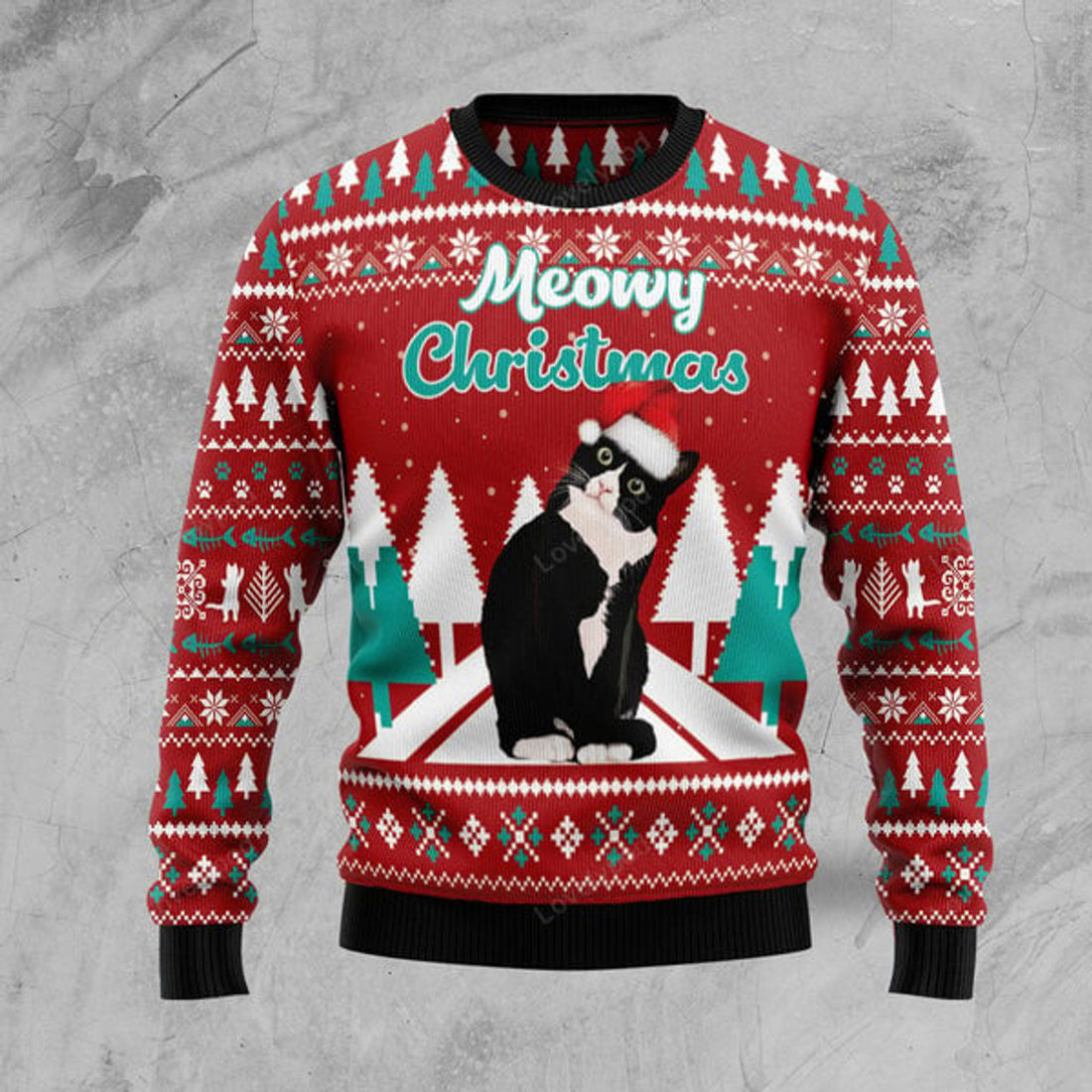 FUNSTUFFPRINT Black cat Meowy Christmas Ugly Christmas Sweater For Men, women, Adult Ugly Sweater