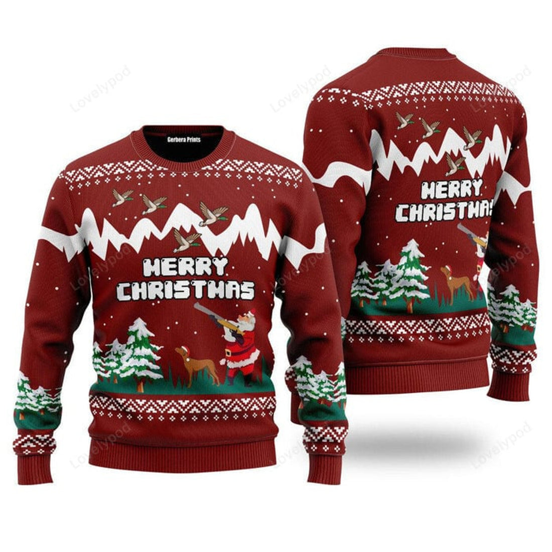 FUNSTUFFPRINT Merry Christmas Duck Hunting Ugly Christmas Sweater For Men, women, Adult Ugly Sweater