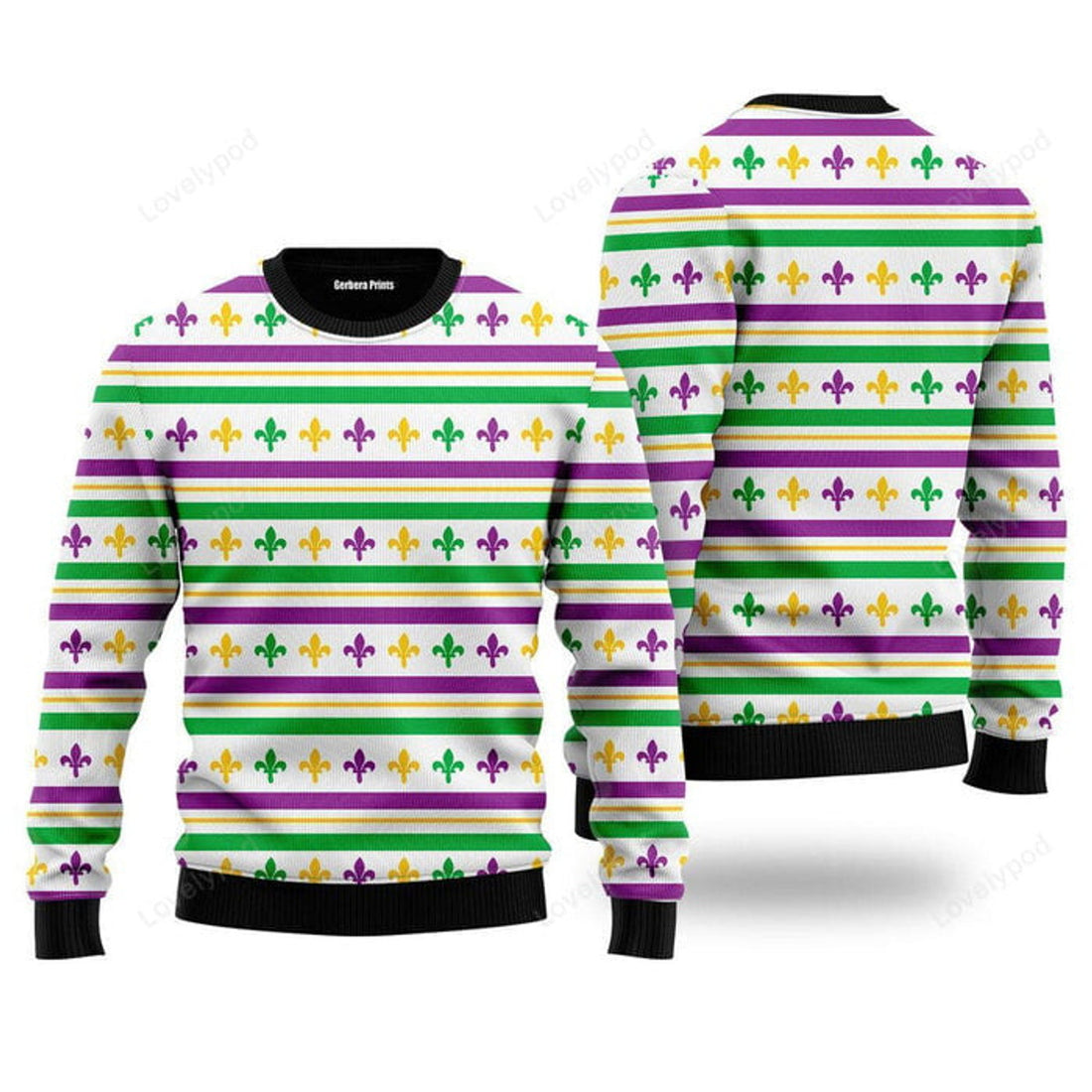 FUNSTUFFPRINT Mardi Gras Striped Seamless Ugly Christmas Sweater For Men, women, Adult Ugly Sweater