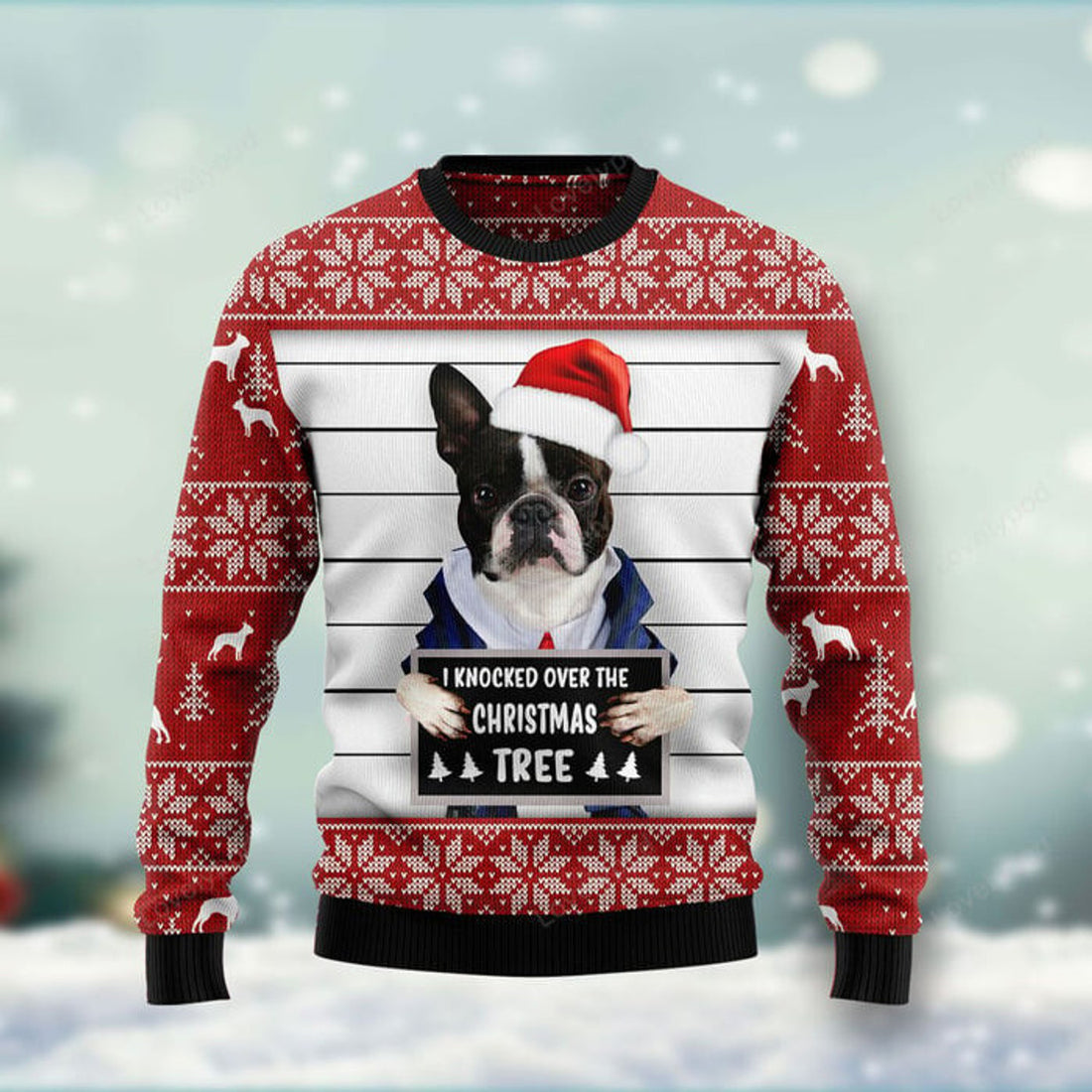 FUNSTUFFPRINT Boston Terrier I Knocked Over The Christmas Tree Ugly Christmas Sweater For Men, women, Adult Ugly Sweater