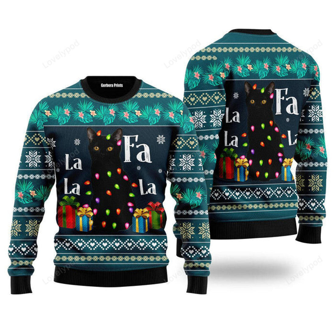 FUNSTUFFPRINT Black Cat Falalala Ugly Christmas Sweater For Men, women, Adult Ugly Sweater