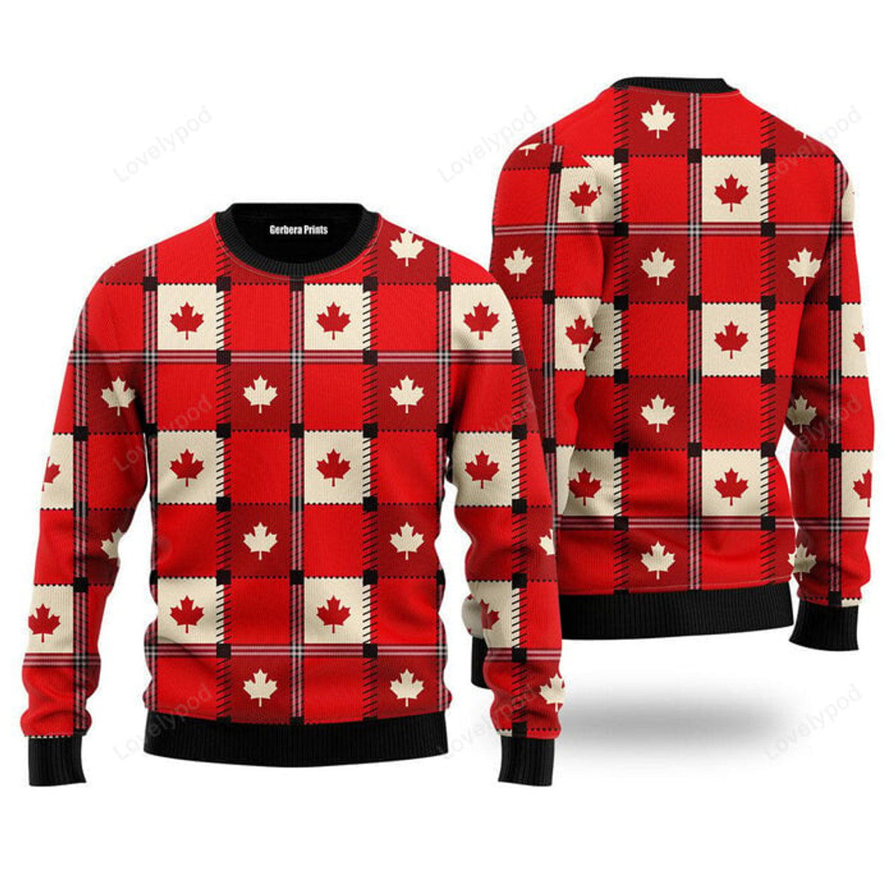FUNSTUFFPRINT Red Maple Leaf Canada Day Ugly Christmas Sweater For Men, women, Adult Ugly Sweater