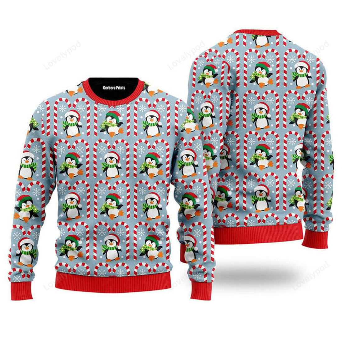 FUNSTUFFPRINT Christmas Penguin With Candy Ugly Christmas Sweater For Men, women, Adult Ugly Sweater