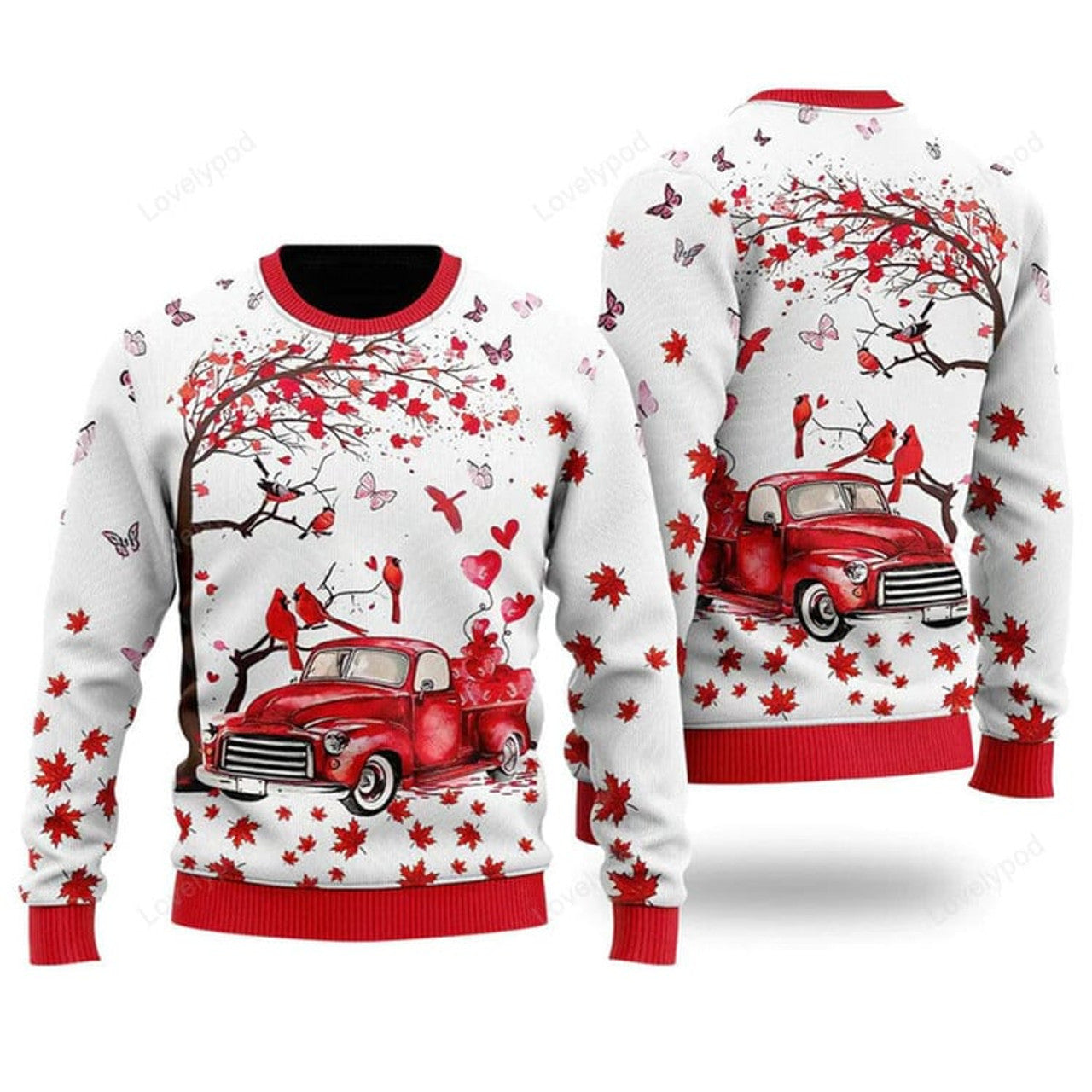 FUNSTUFFPRINT Spring Red Truck Ugly Christmas Sweater For Men & Women Ugly Sweater