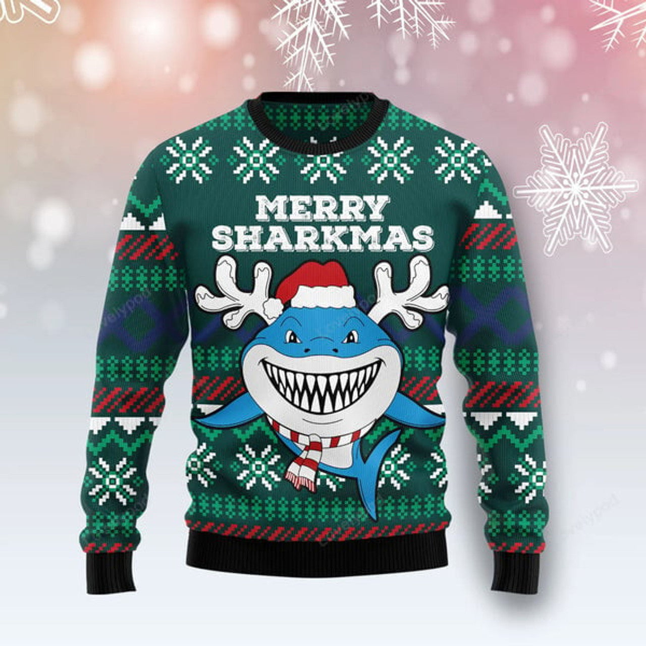 FUNSTUFFPRINT Merry Sharkmas Ugly Christmas Sweater For Men & Women Ugly Sweater