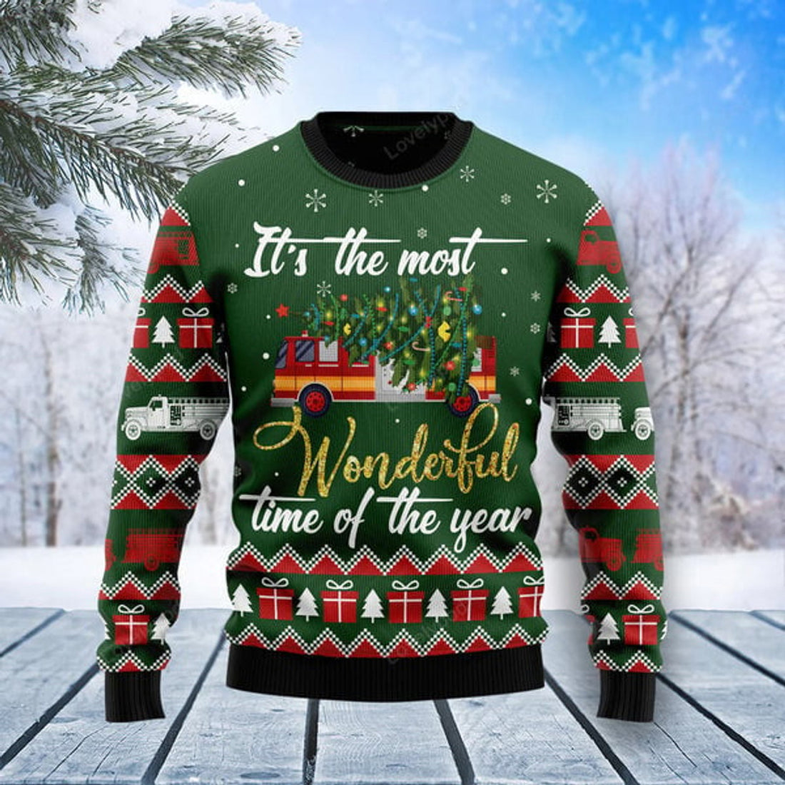 FUNSTUFFPRINT Firefighter Wonderful Time Ugly Christmas Sweater, Firefighter 3D Printed Graphic Ugly Sweater