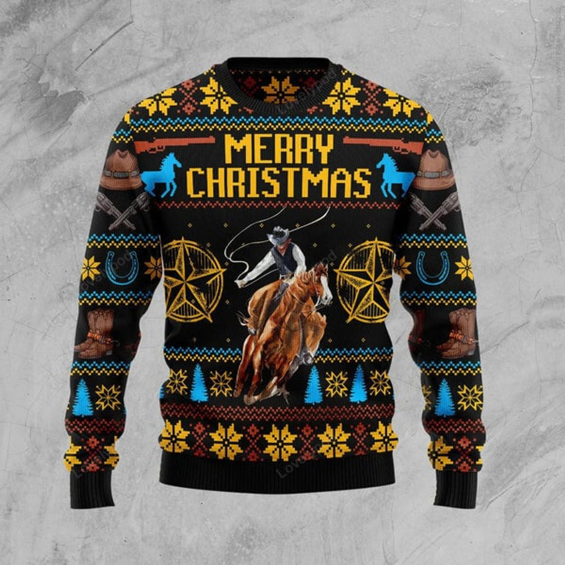 FUNSTUFFPRINT Cowboy Merry Christmas Ugly Christmas Sweater, Cowboy 3D Printed Graphic Long Sleeve Sweatshirts Ugly Sweater