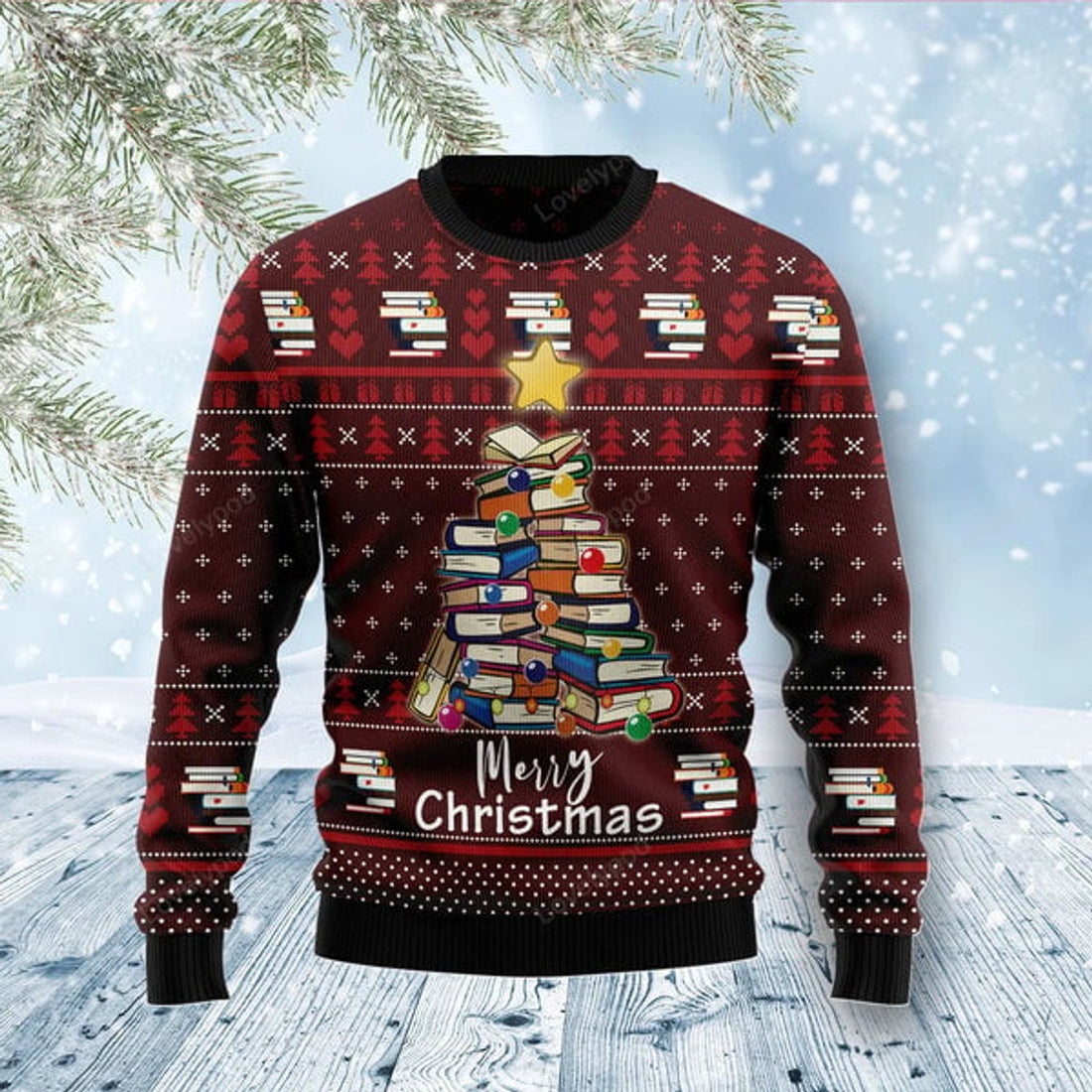 FUNSTUFFPRINT Book Pine Ugly Christmas Sweater, Christmas gift for book lover Ugly Sweater