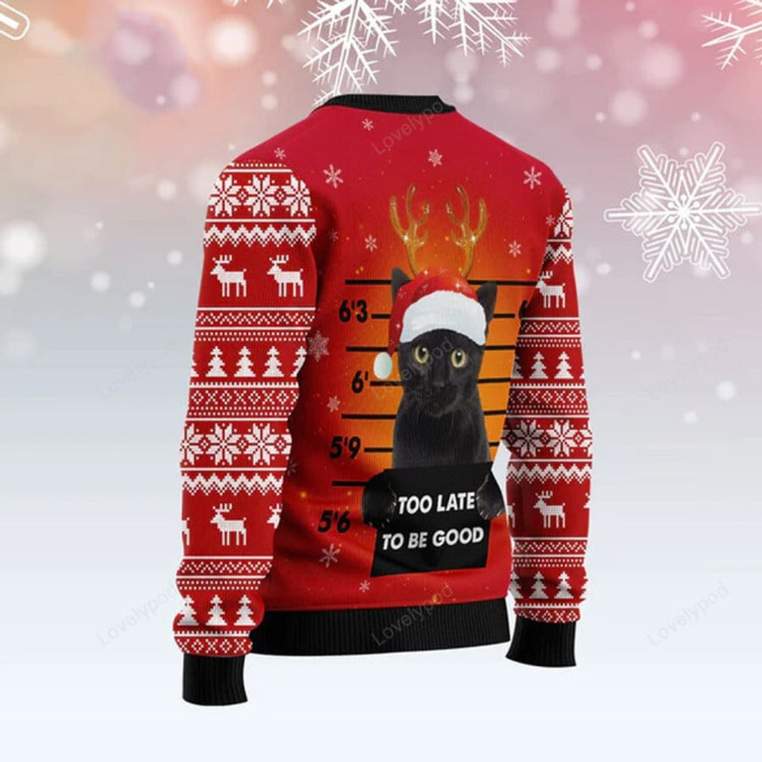 FUNSTUFFPRINT Black Cat Too Late To Be Good Ugly Christmas Sweater Ugly Sweater