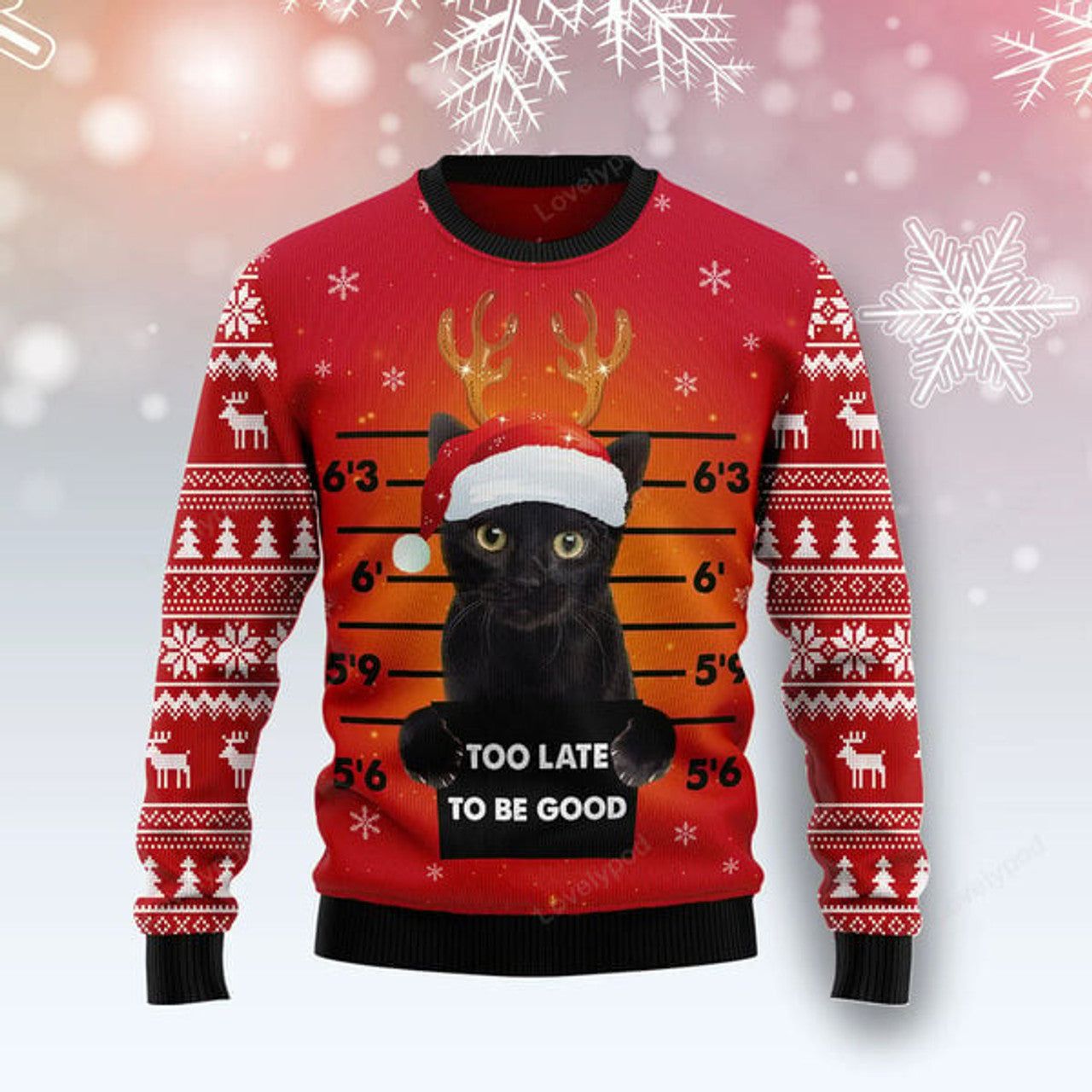 FUNSTUFFPRINT Black Cat Too Late To Be Good Ugly Christmas Sweater Ugly Sweater