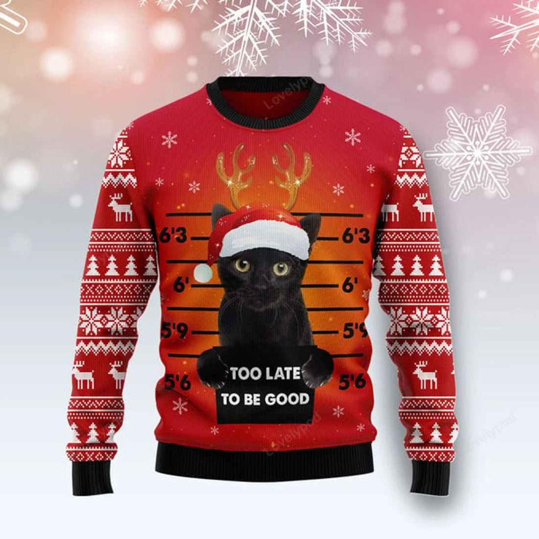 FUNSTUFFPRINT Black Cat Too Late To Be Good Ugly Christmas Sweater Ugly Sweater