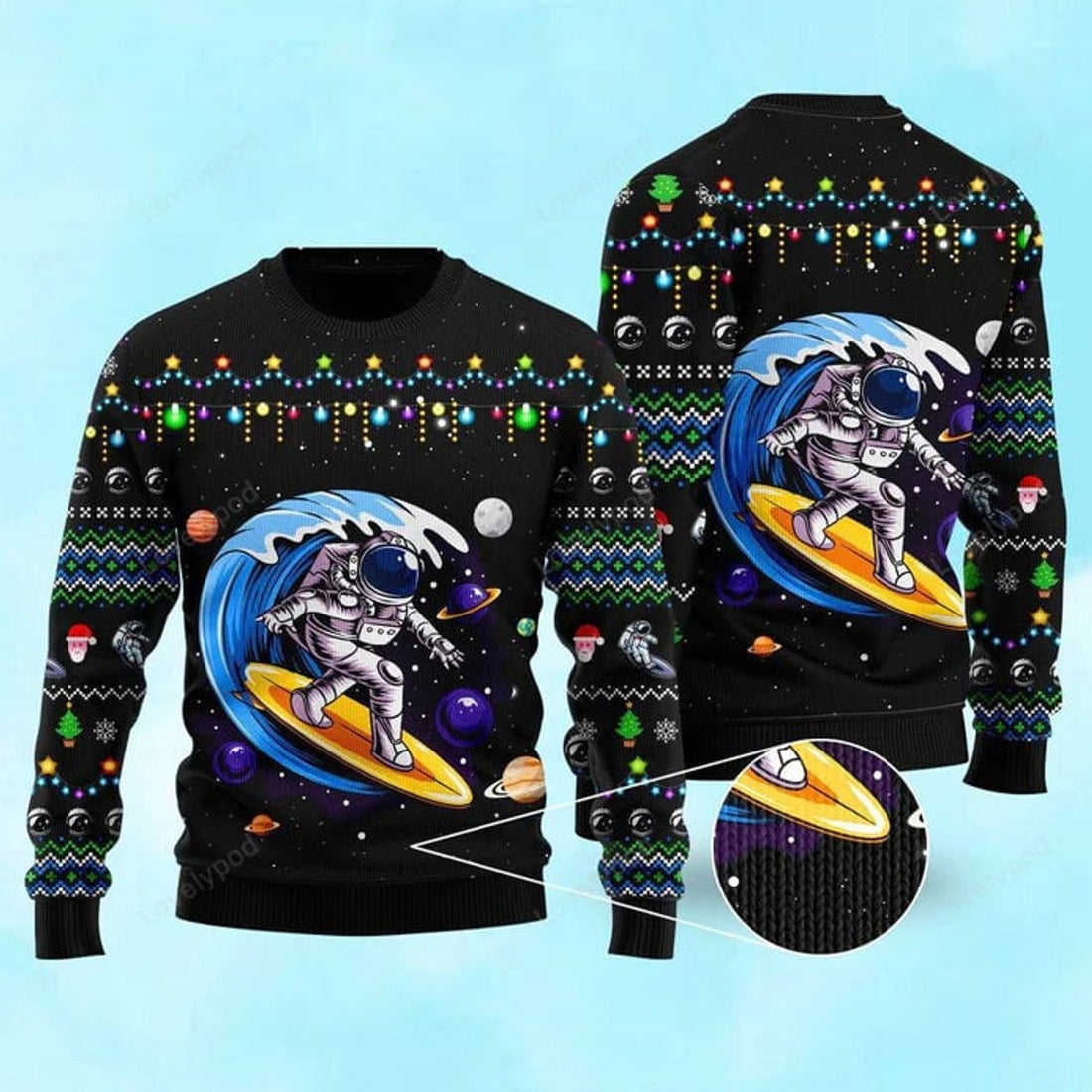 FUNSTUFFPRINT Astronauts Surf On A Surfboard In Space Ugly Christmas Sweater For Men & Women Adult Ugly Sweater