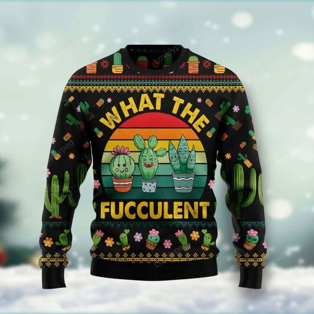 FUNSTUFFPRINT Cactus What The Fucculent Xmas Ugly Christmas Sweater For Men & Women Adult Ugly Sweater