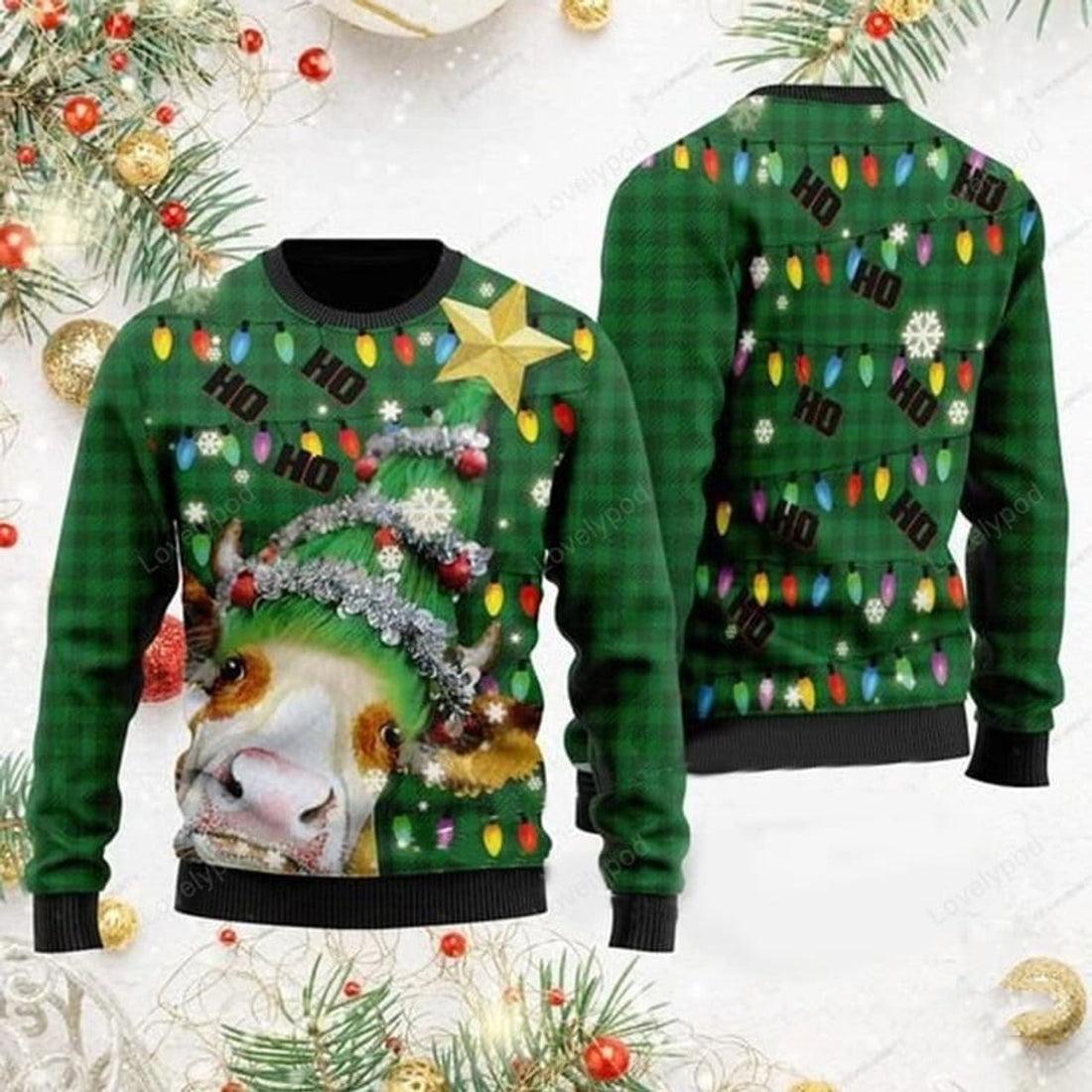FUNSTUFFPRINT Ho Ho Ho Christmas Tree Ugly Christmas Sweater For Men & Women Ugly Sweater